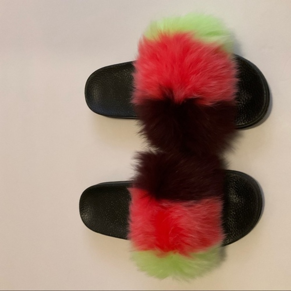 Neon Green Pink & Maroon Tricolor Vegan Fur Slides